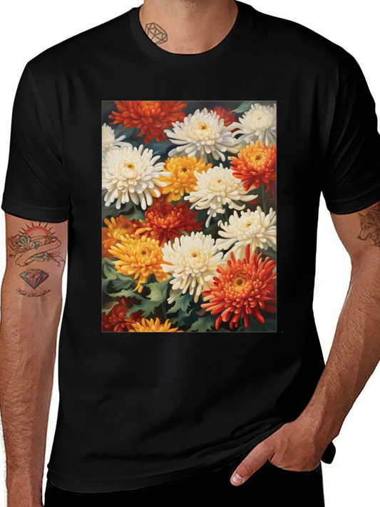 Floral Chrysanthemum Print Black Tee