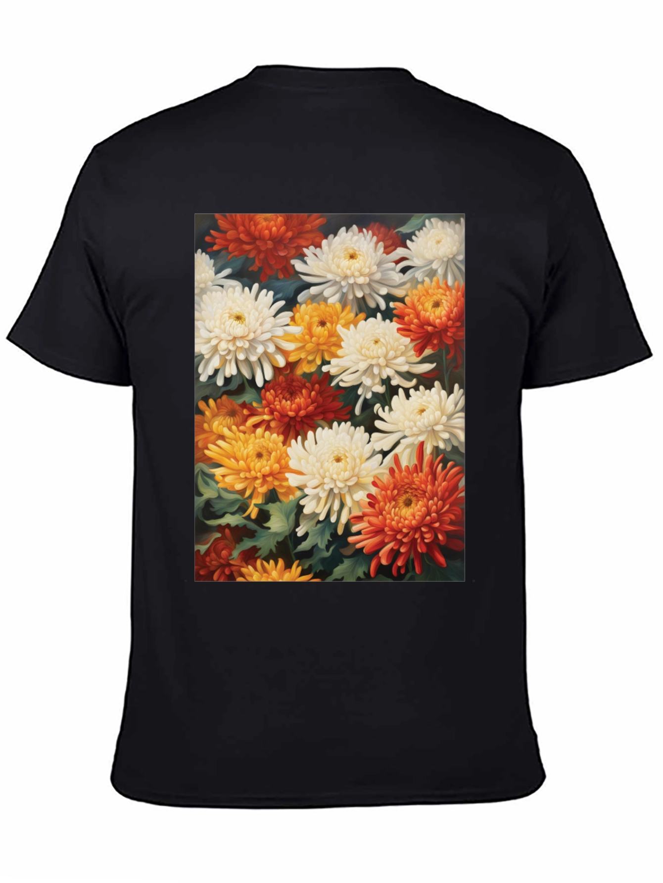 Floral Chrysanthemum Print Black Tee