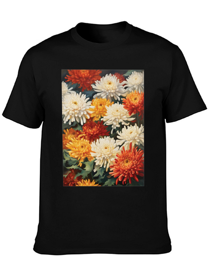 Floral Chrysanthemum Print Black Tee