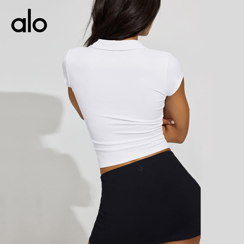 Alo Yoga Nude-skin Feel Lapel Button Short Sleeve, Slim Waist Tight Versatile Fitness Top