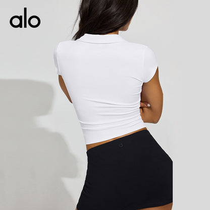Alo Yoga Nude-skin Feel Lapel Button Short Sleeve, Slim Waist Tight Versatile Fitness Top