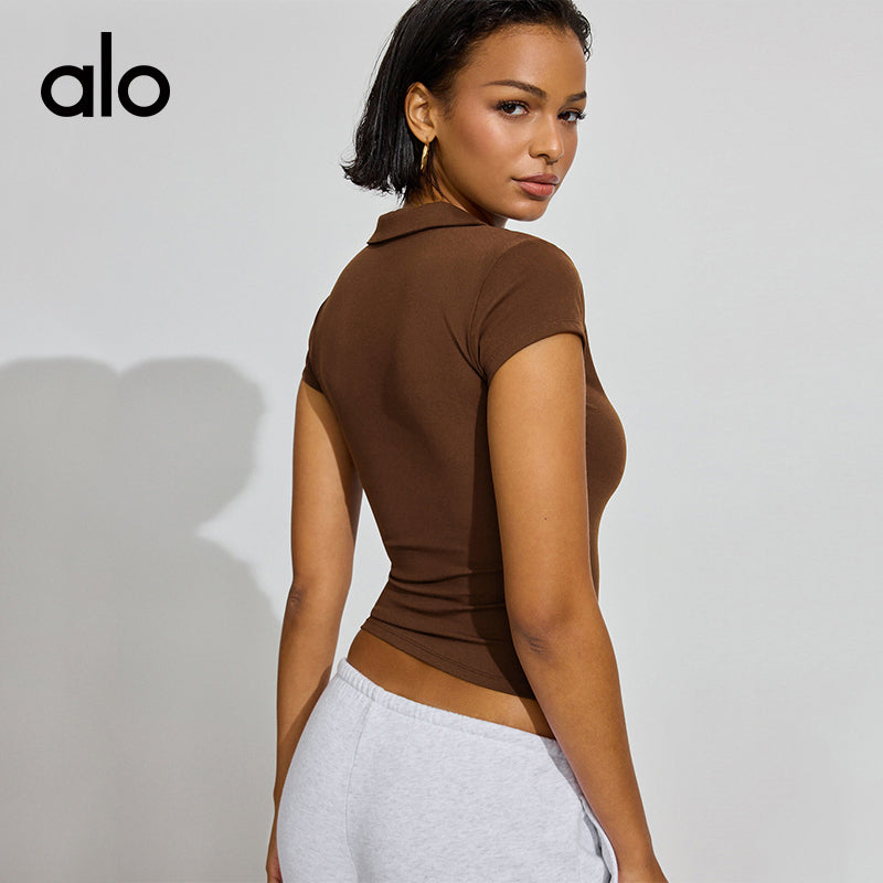 Alo Yoga Nude-skin Feel Lapel Button Short Sleeve, Slim Waist Tight Versatile Fitness Top