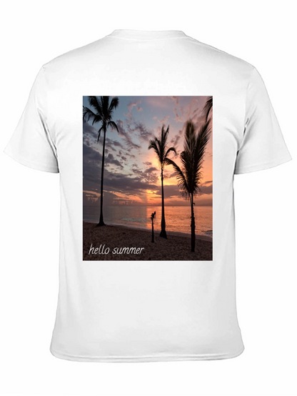 Hello Summer Palm Tree Sunset Black T-Shirt