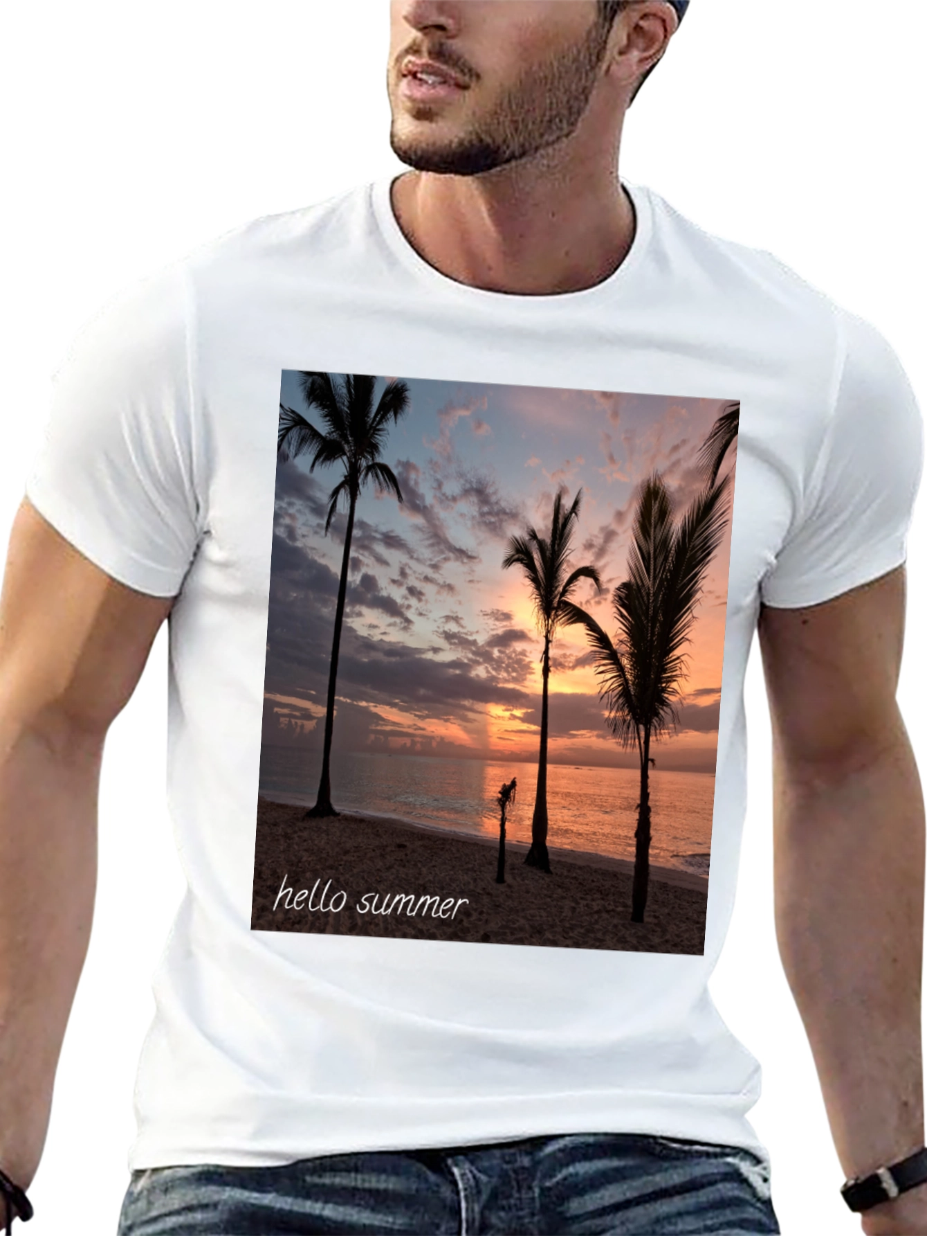 Hello Summer Palm Tree Sunset Black T-Shirt