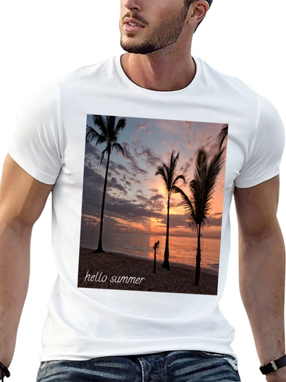 Hello Summer Palm Tree Sunset Black T-Shirt