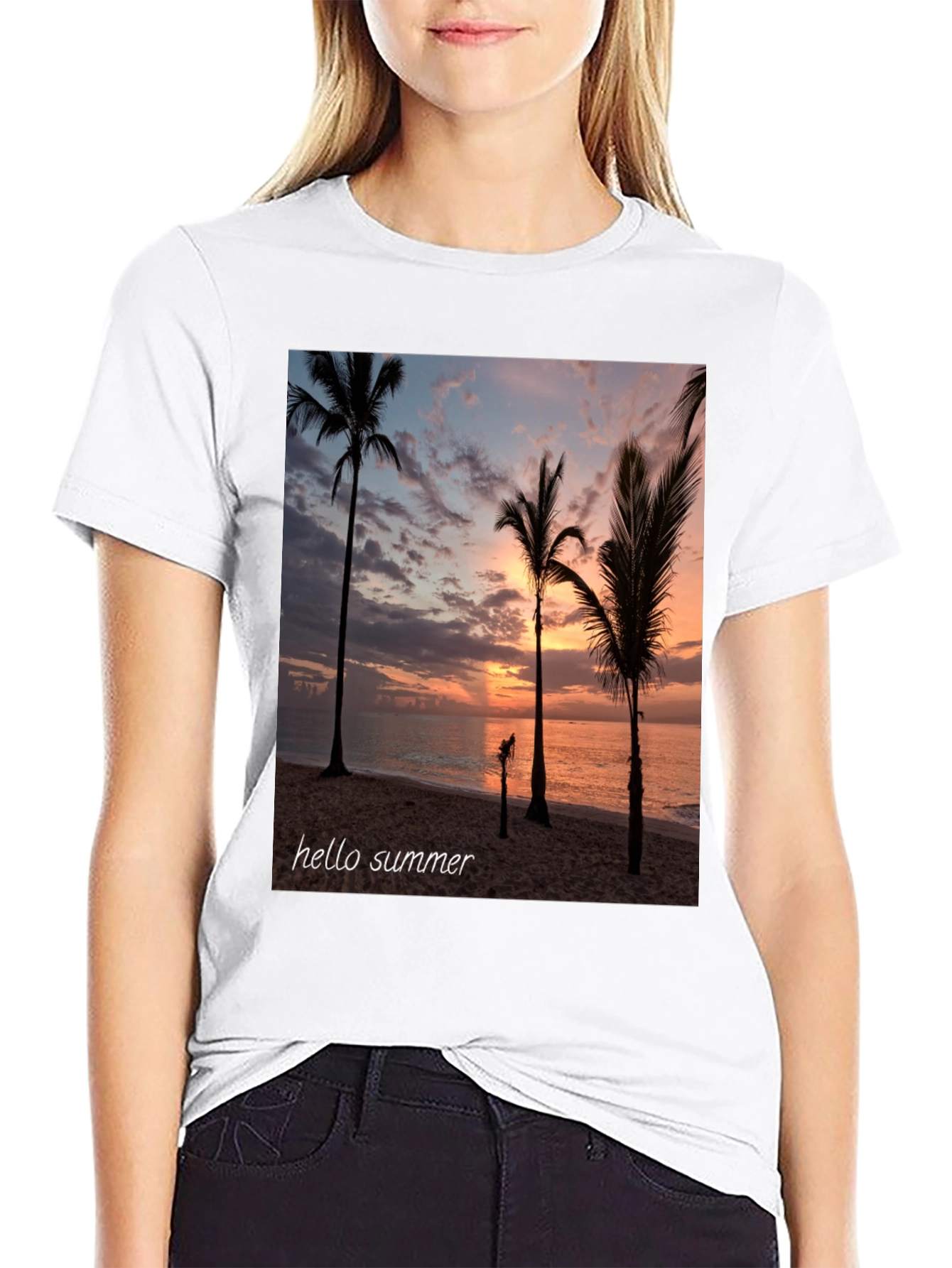 Hello Summer Palm Tree Sunset Black T-Shirt