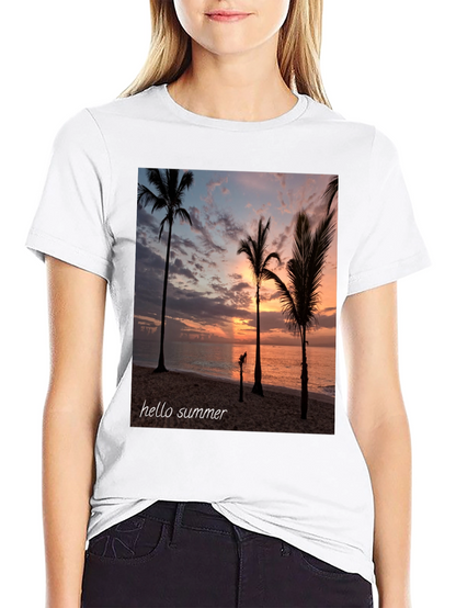 Hello Summer Palm Tree Sunset Black T-Shirt