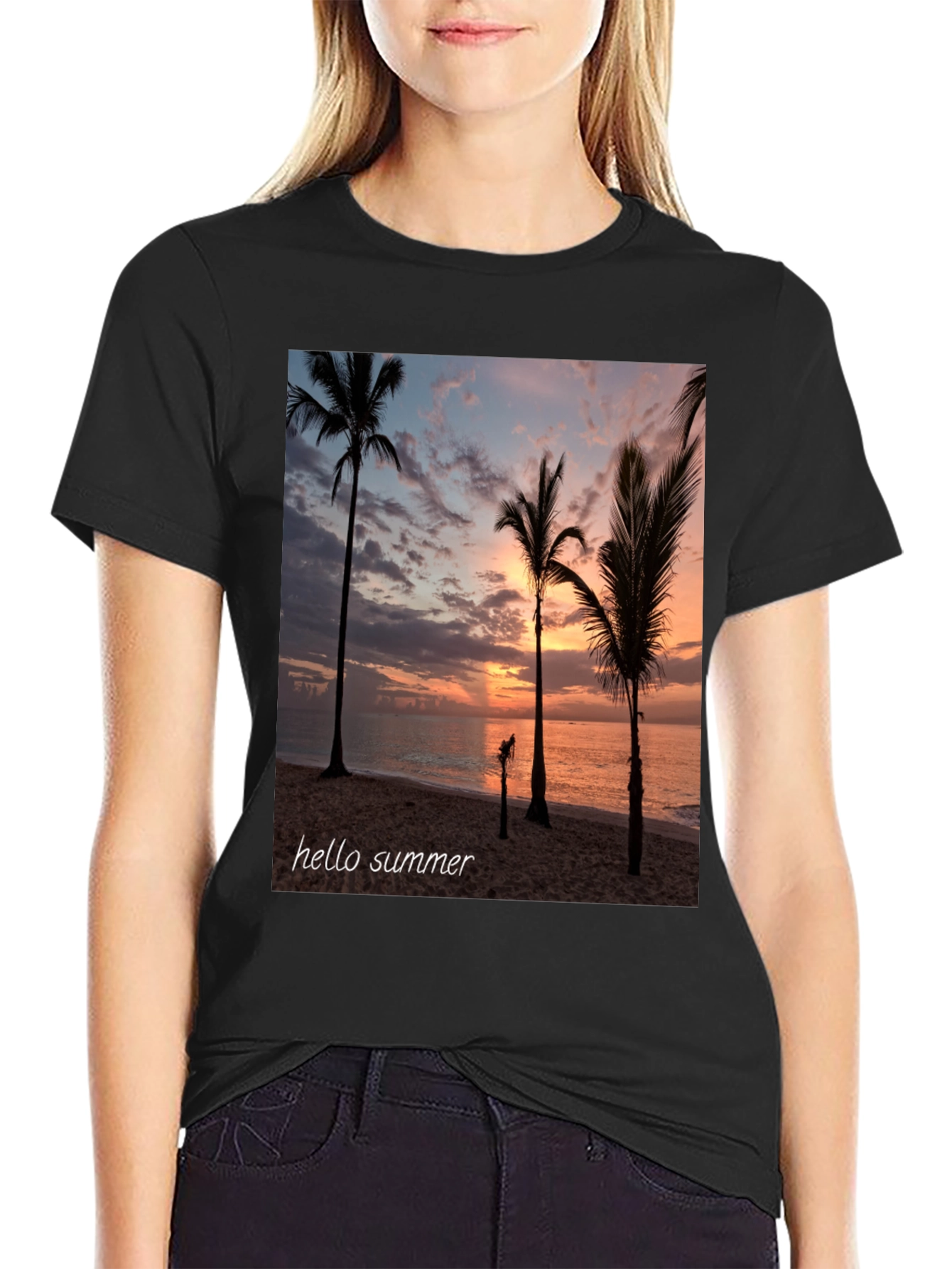 Hello Summer Palm Tree Sunset Black T-Shirt