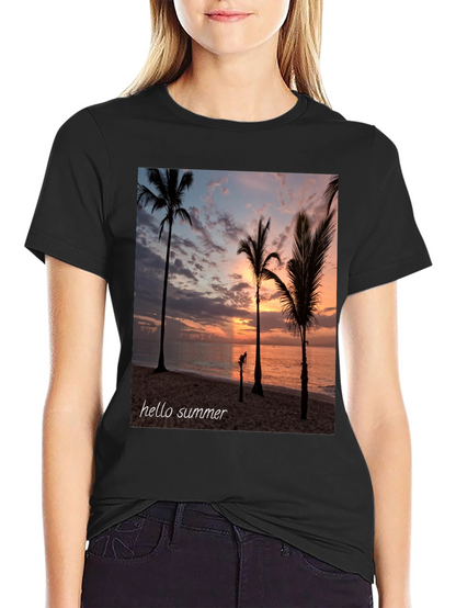 Hello Summer Palm Tree Sunset Black T-Shirt