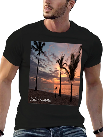 Hello Summer Palm Tree Sunset Black T-Shirt