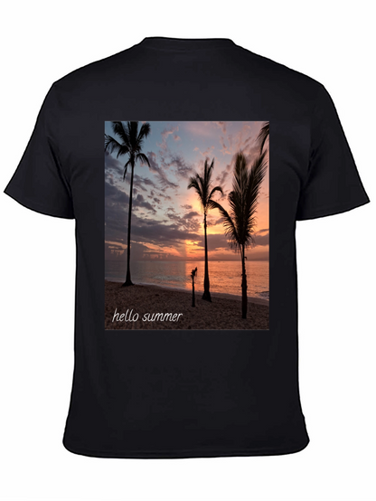 Hello Summer Palm Tree Sunset Black T-Shirt