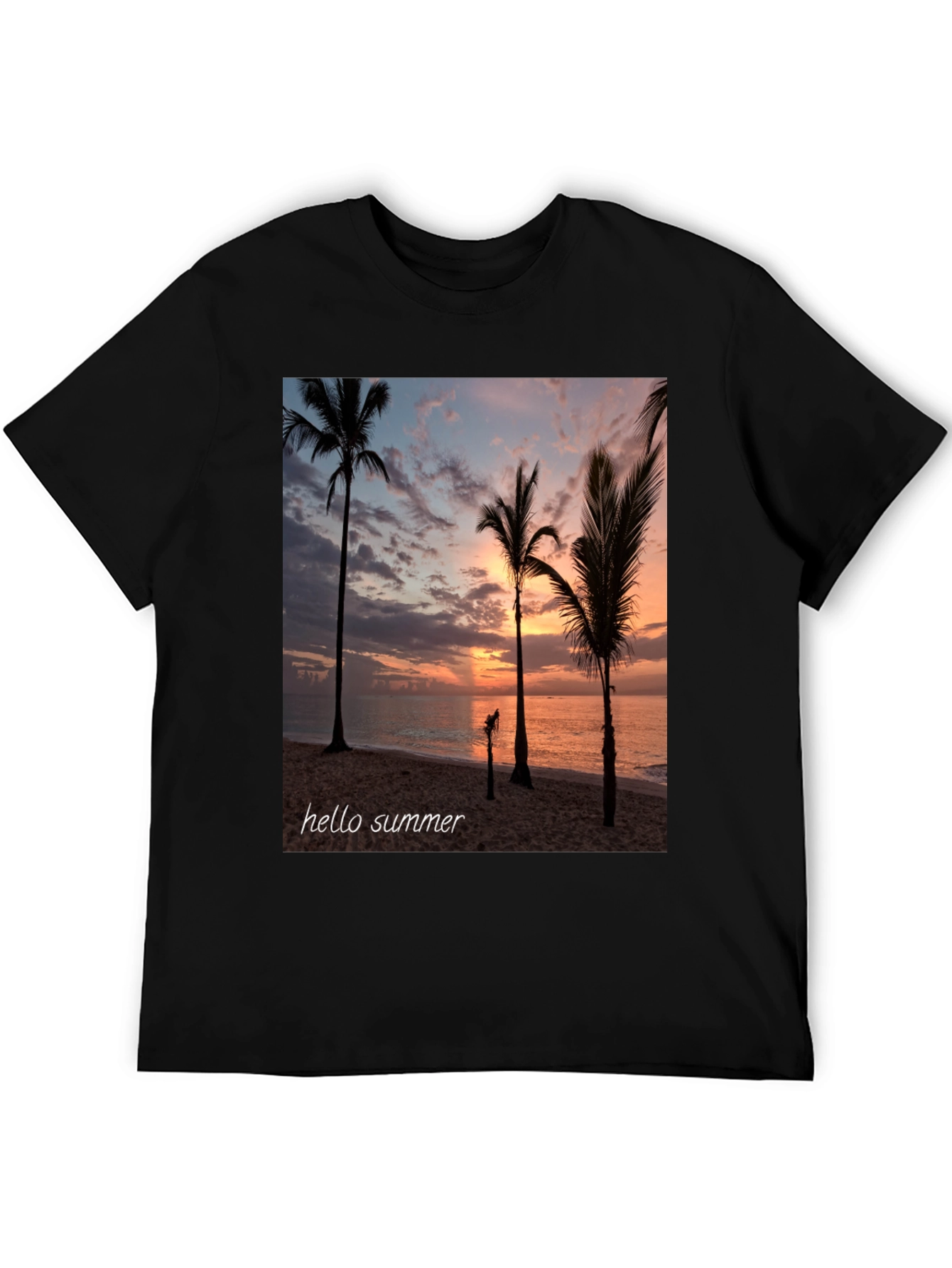 Hello Summer Palm Tree Sunset Black T-Shirt