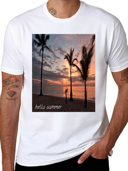 Hello Summer Palm Tree Sunset Black T-Shirt