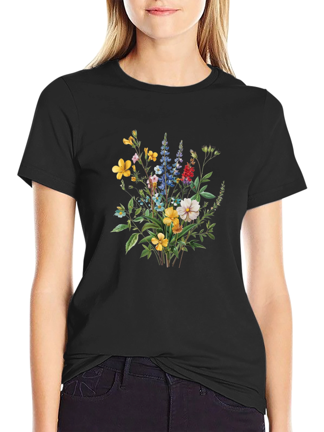 Floral Bouquet Print Black T-Shirt