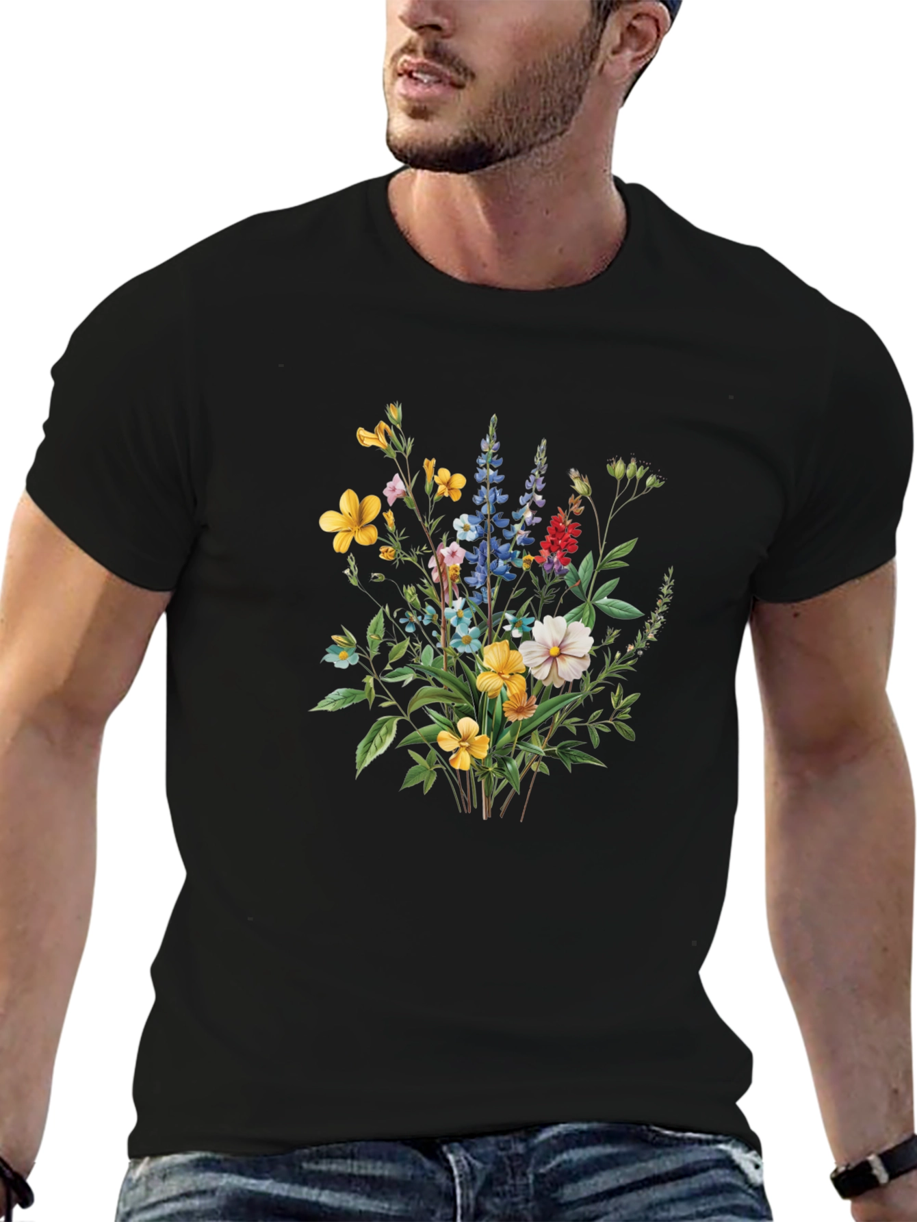 Floral Bouquet Print Black T-Shirt