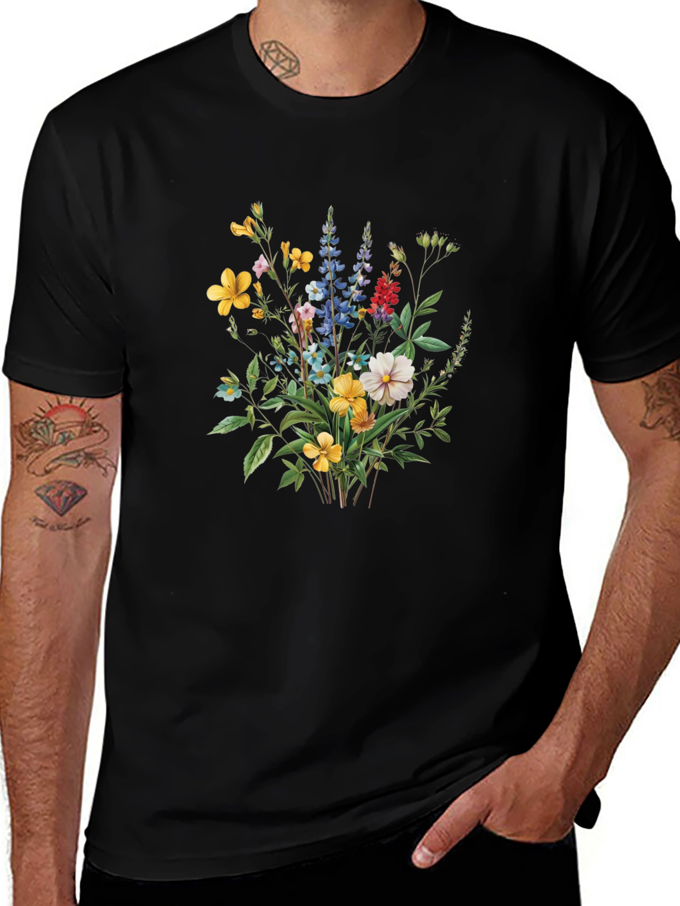 Floral Bouquet Print Black T-Shirt