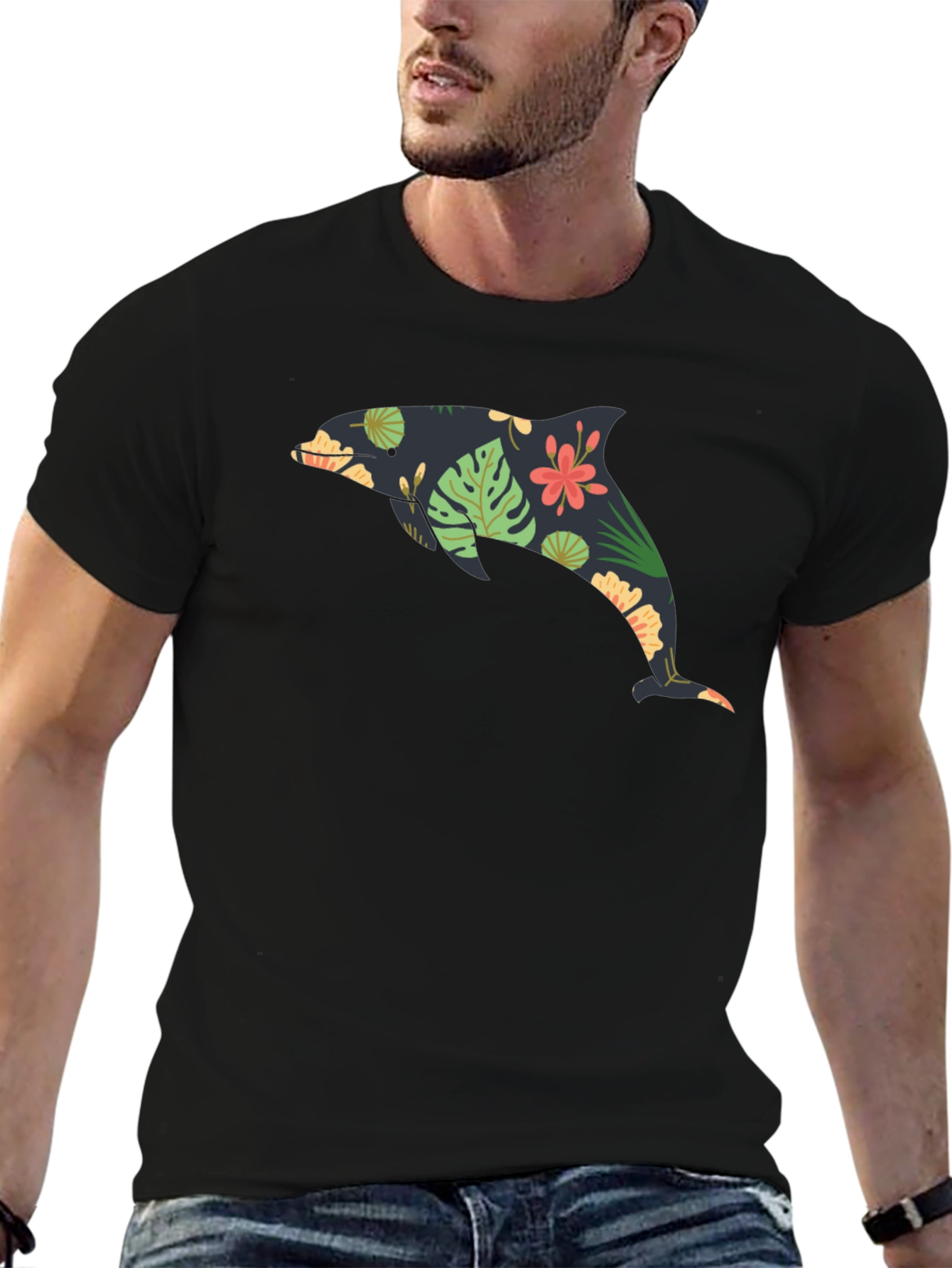 Floral Dolphin Black Graphic Tee