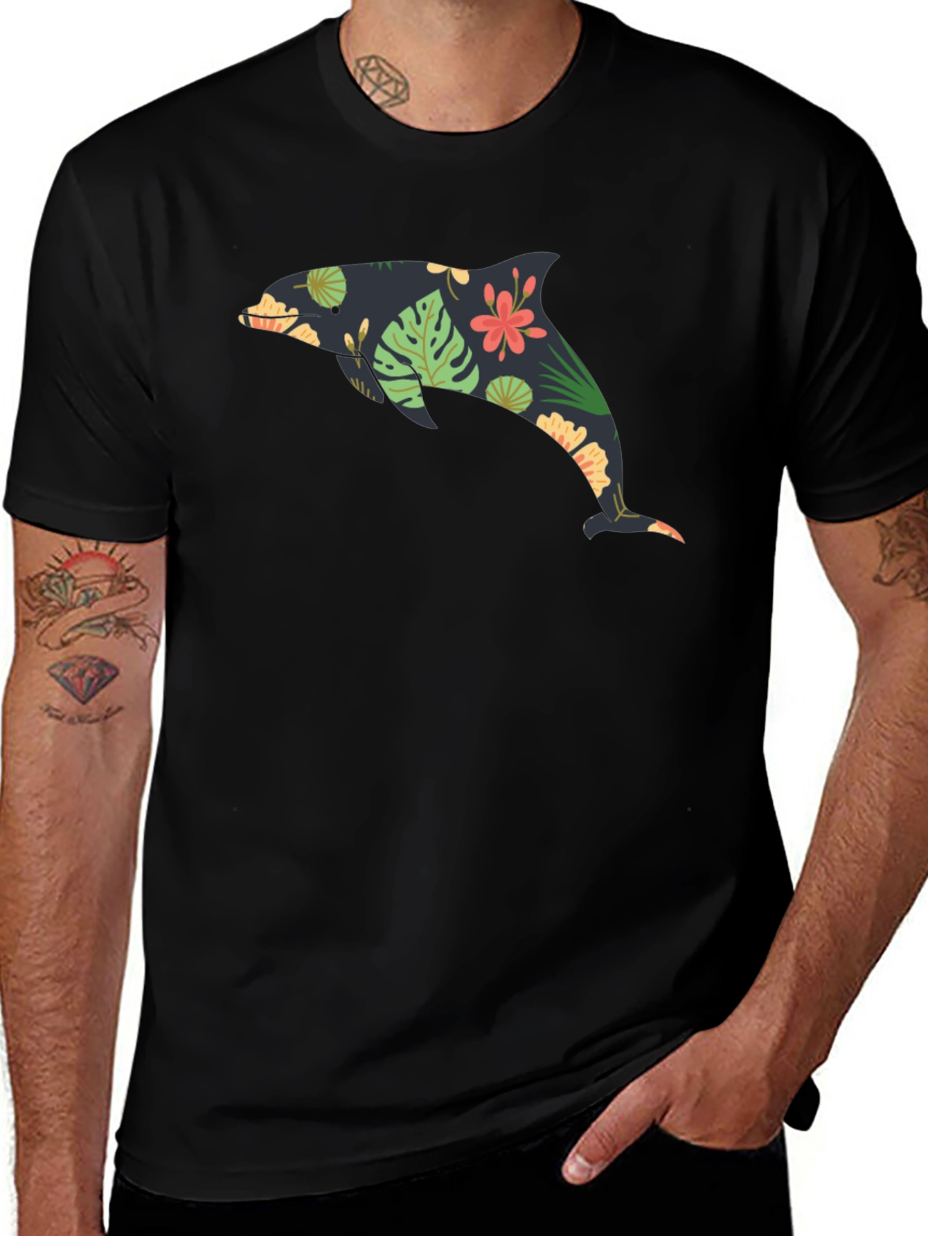 Floral Dolphin Black Graphic Tee