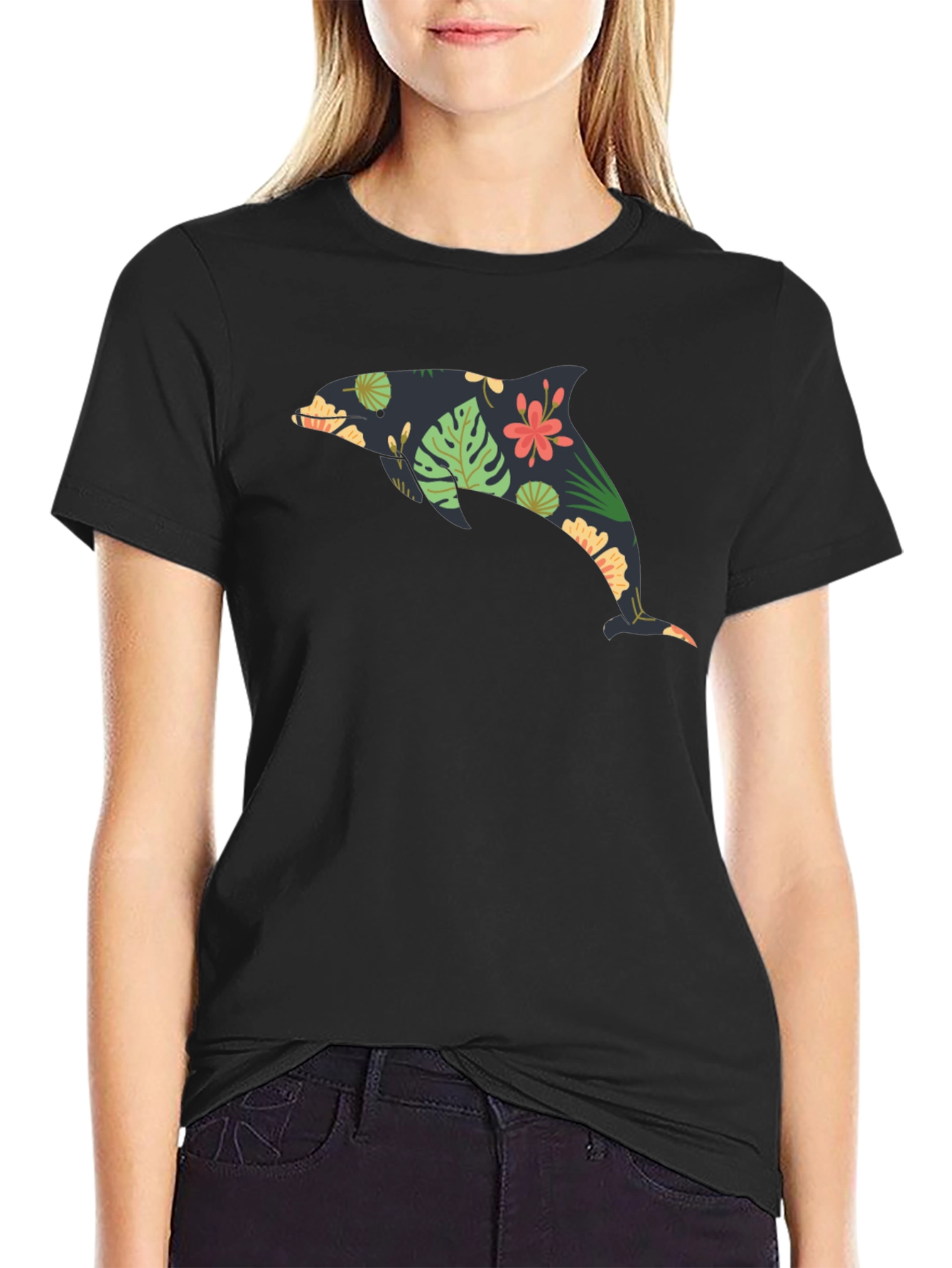 Floral Dolphin Black Graphic Tee