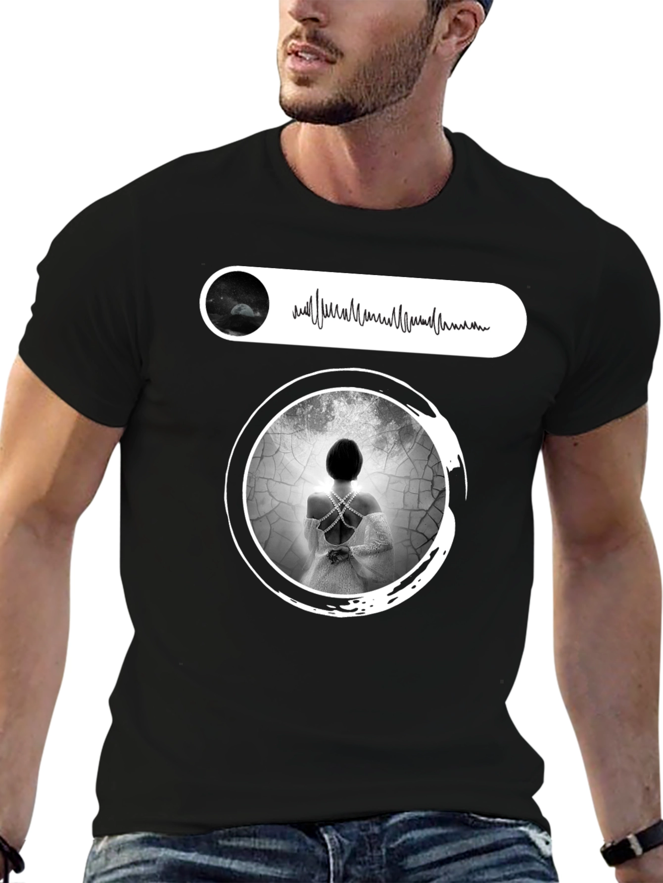 Artistic Black T-Shirt with Ethereal Woman Design