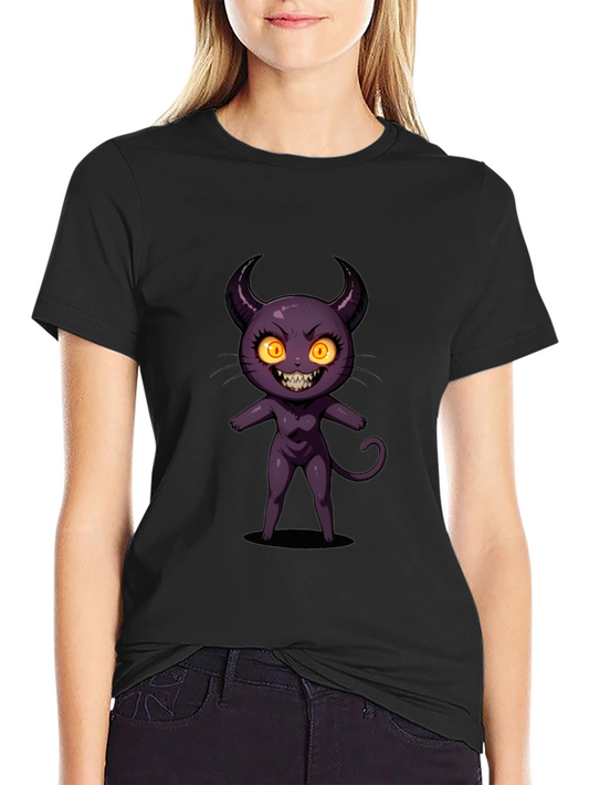 Cartoon Devil Graphic Tee - Black Cotton T-Shirt