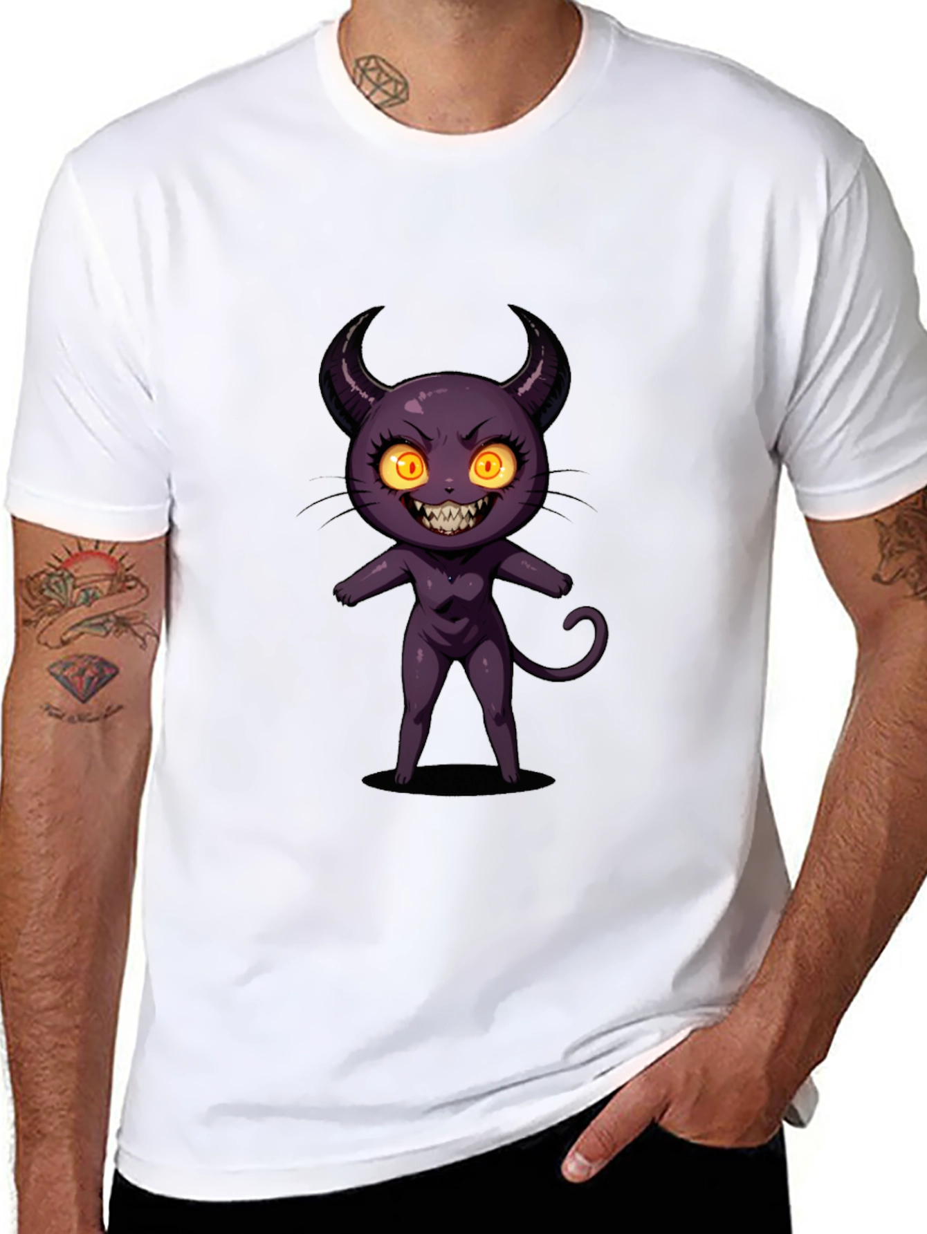 Cartoon Devil Graphic Tee - Black Cotton T-Shirt