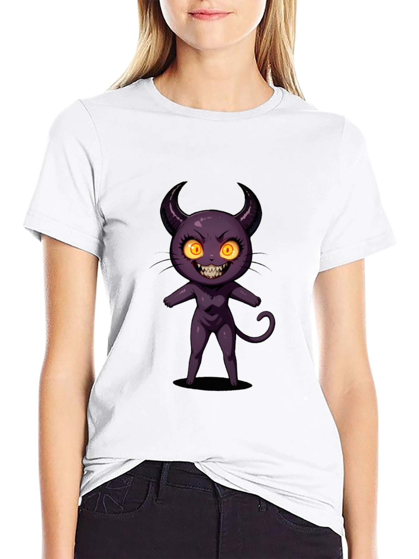 Cartoon Devil Graphic Tee - Black Cotton T-Shirt