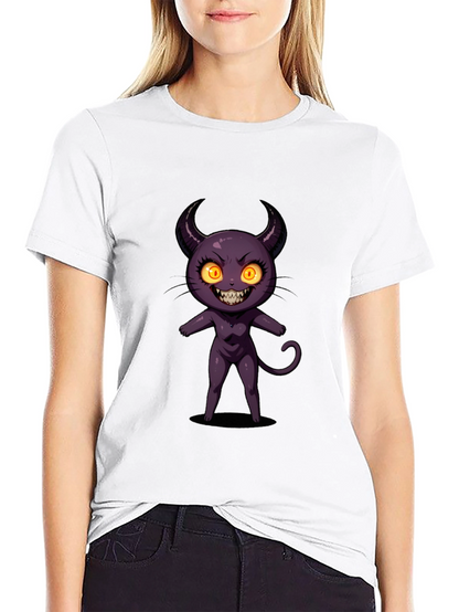 Cartoon Devil Graphic Tee - Black Cotton T-Shirt