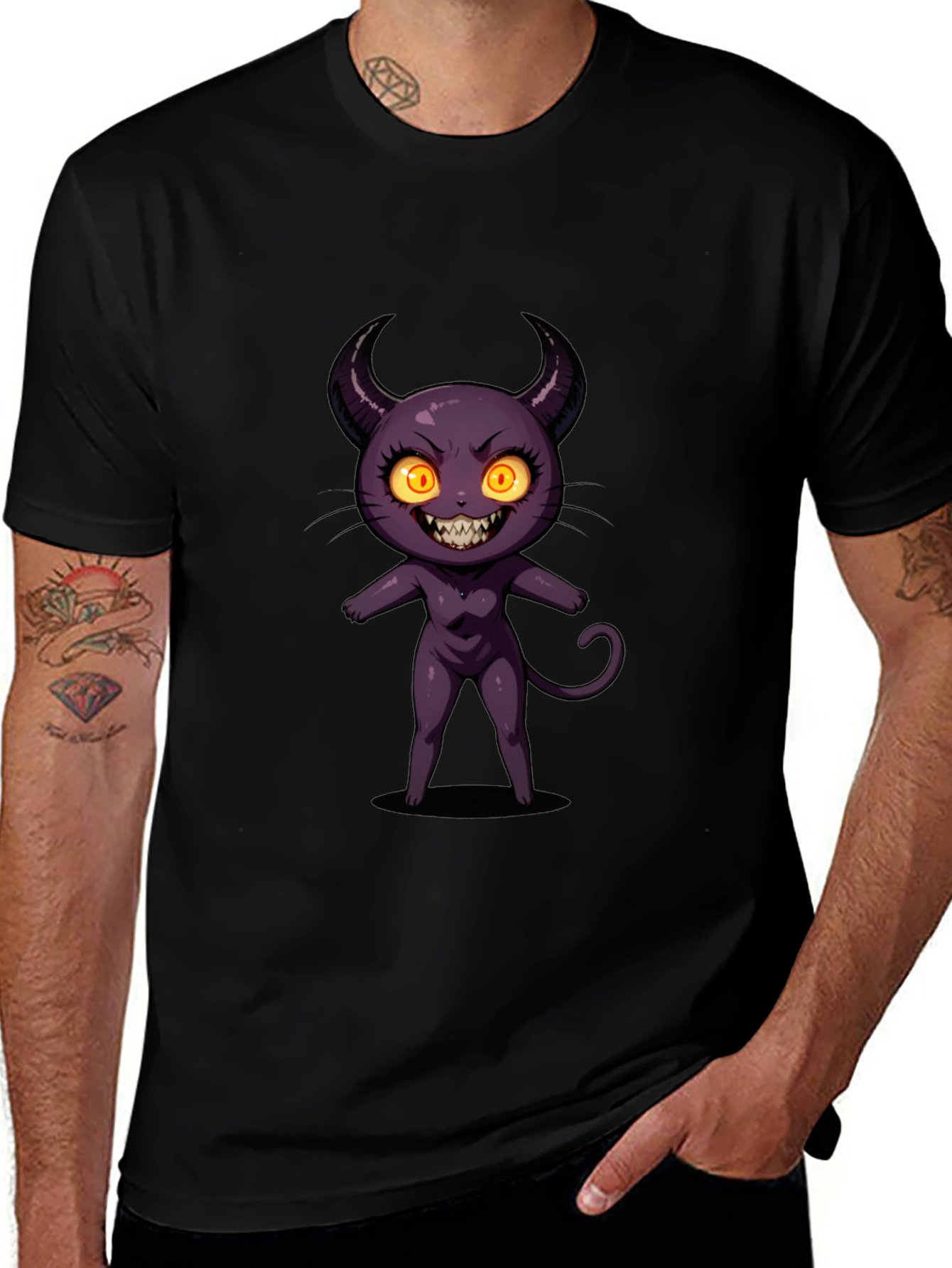 Cartoon Devil Graphic Tee - Black Cotton T-Shirt