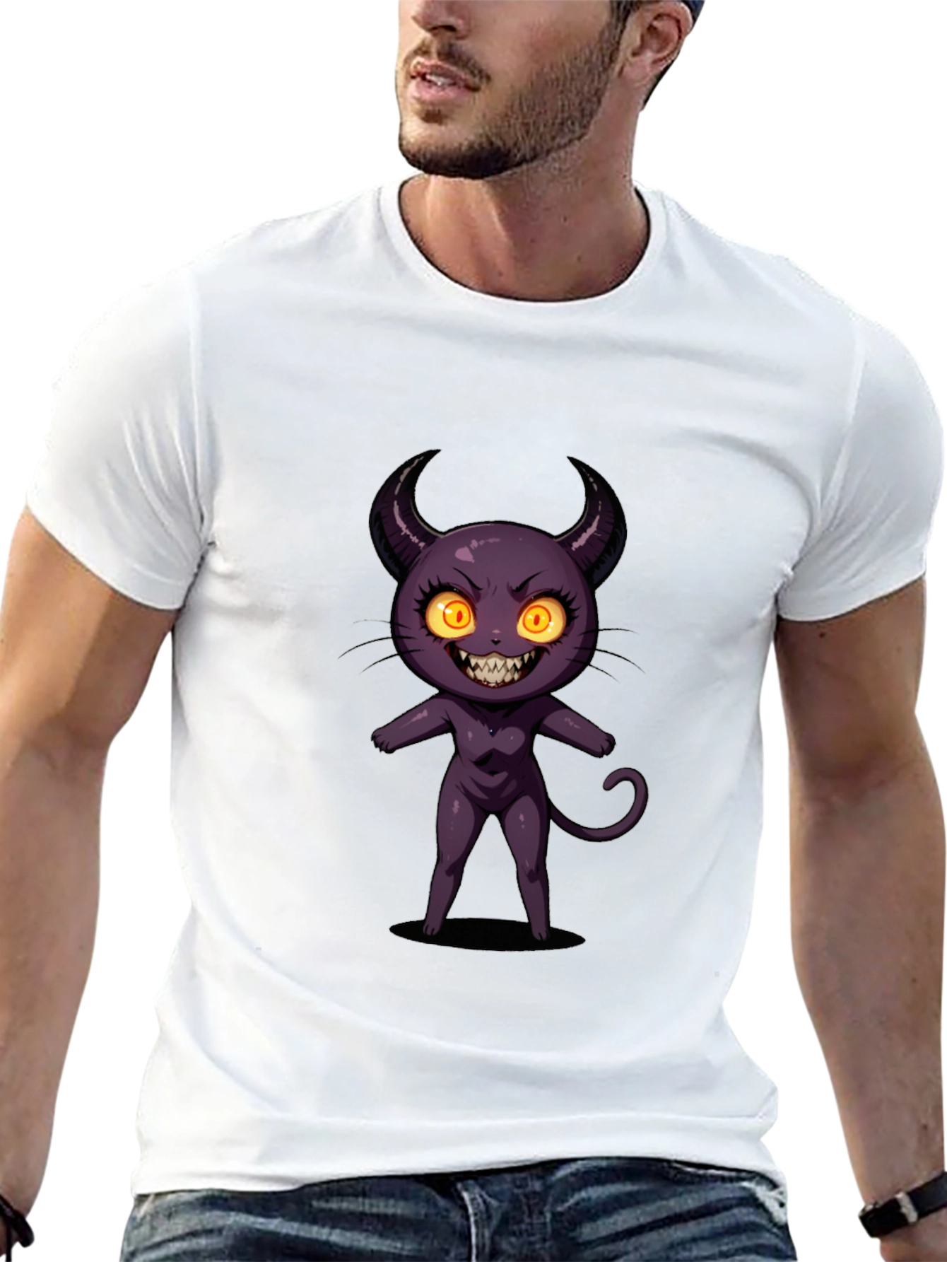 Cartoon Devil Graphic Tee - Black Cotton T-Shirt