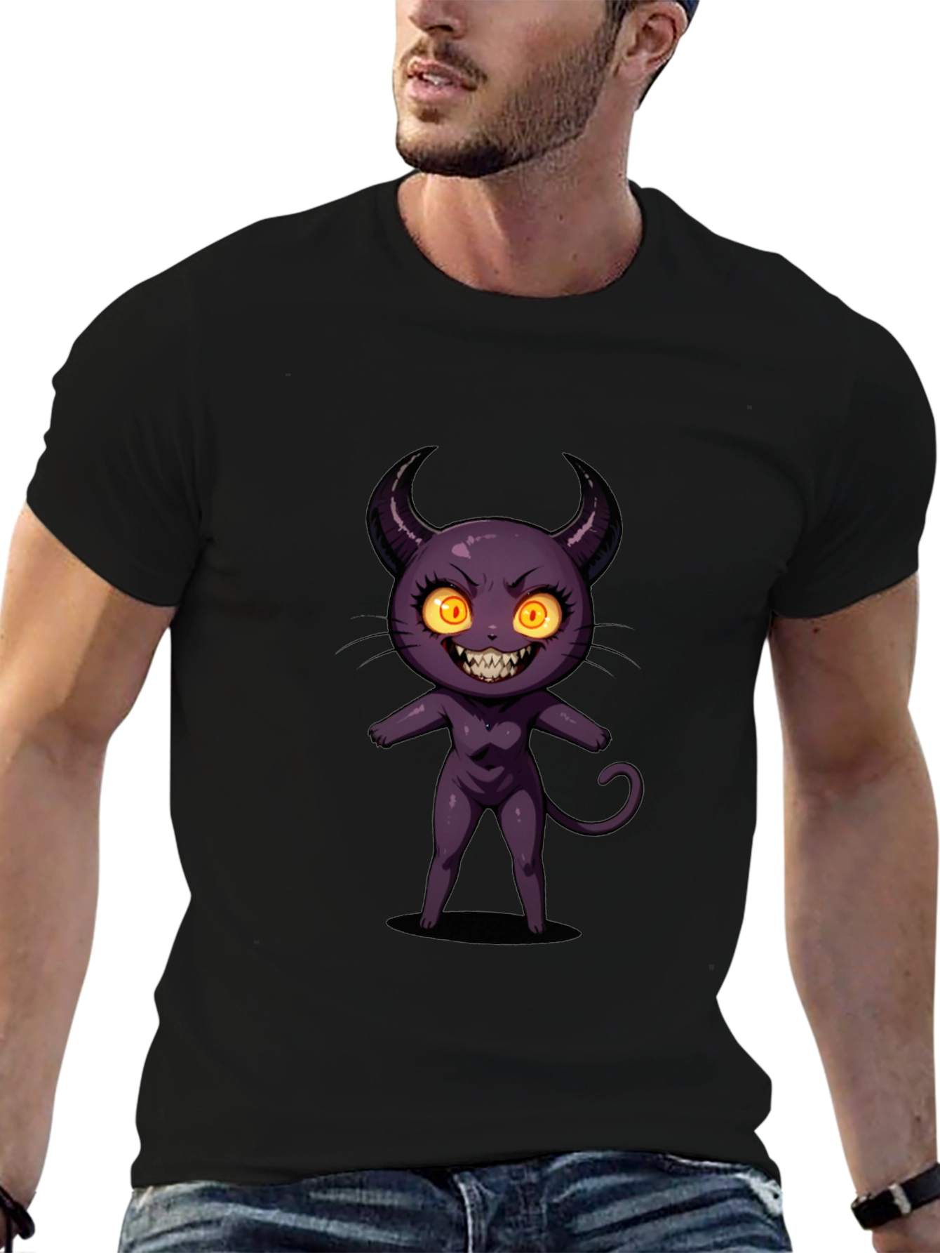 Cartoon Devil Graphic Tee - Black Cotton T-Shirt