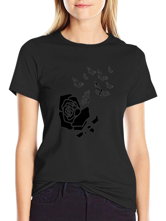 Rose & Butterfly Graphic Tee - Black Cotton Casual Wear