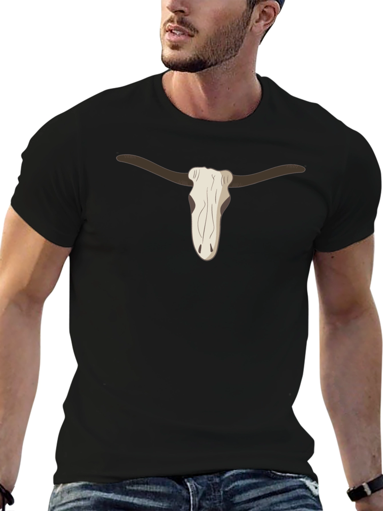 Cool Steer Skull Graphic Tee - Casual Black T-Shirt