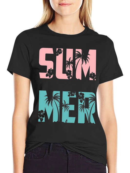 Summer Palm Tree Graphic Print Crew Neck T-Shirt