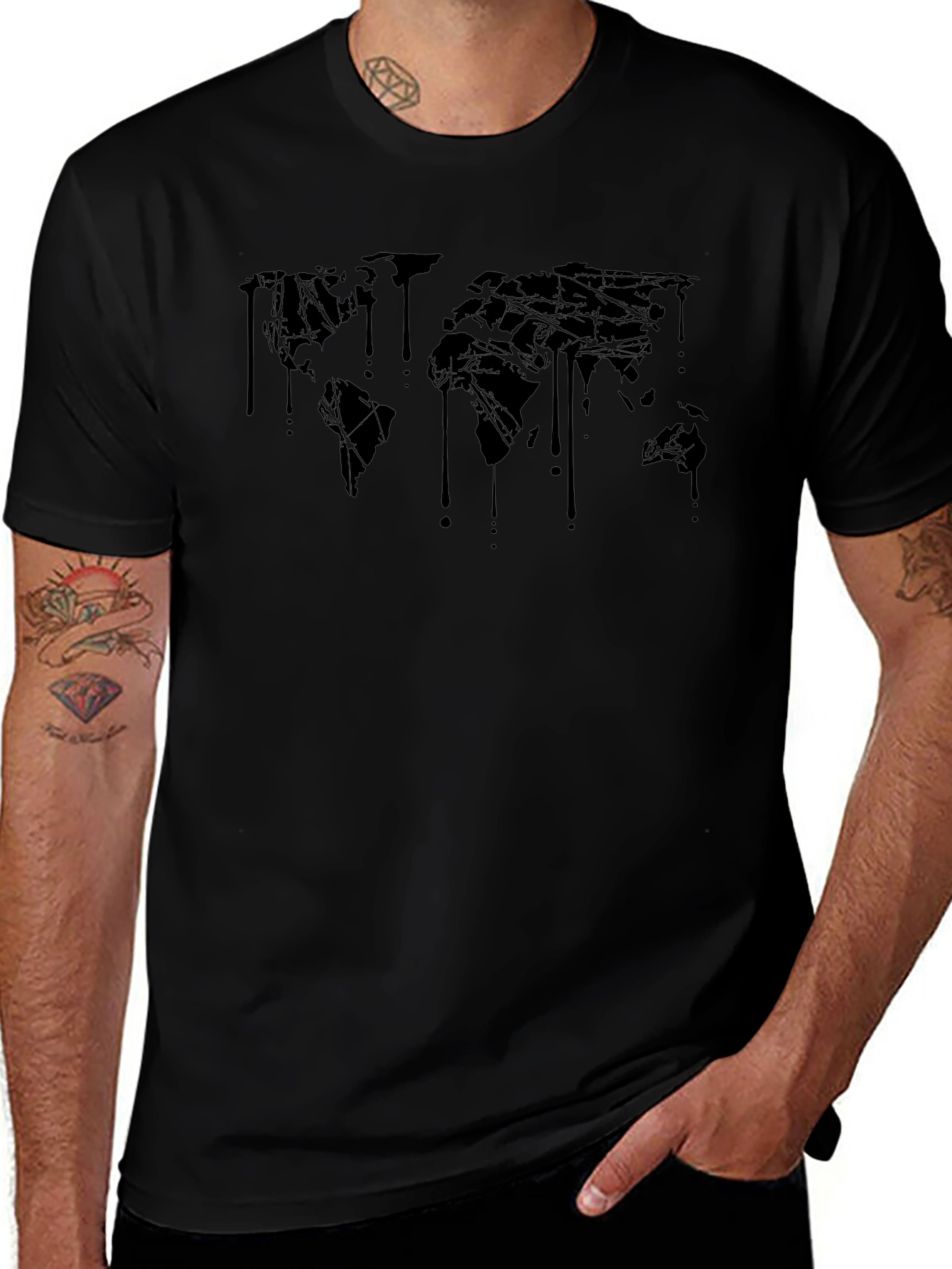 Dripping World Map Graphic Tee - Black