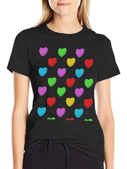Colorful Hearts Pattern Black T-Shirt