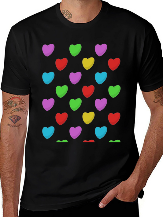 Colorful Hearts Pattern Black T-Shirt