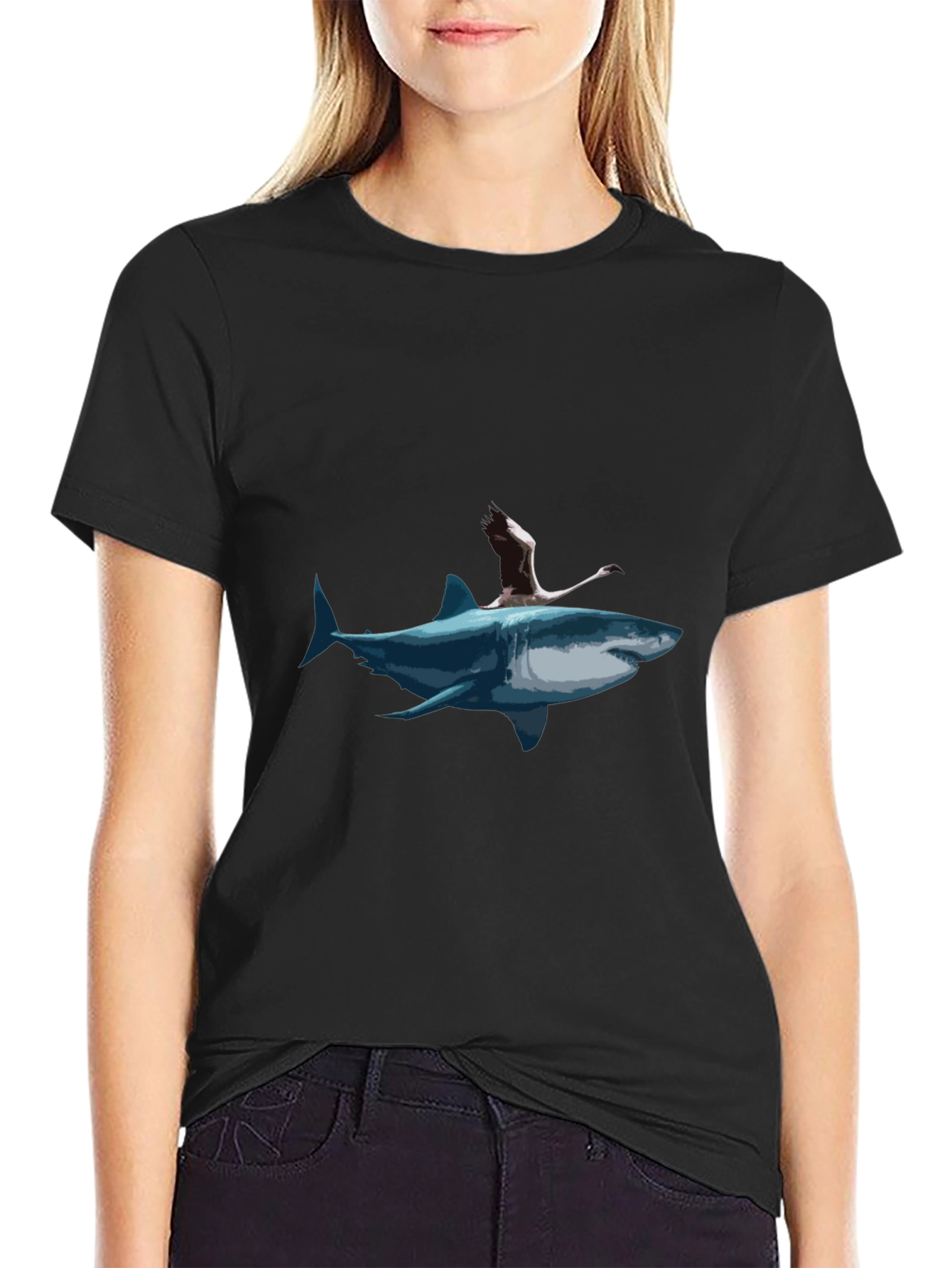 Shark & Flamingo Graphic Tee - Mens Black T-Shirt