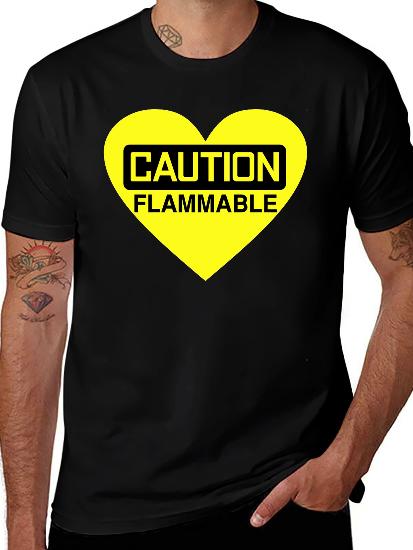 Caution Flammable Heart T-Shirt - Black Cotton Blend Tee