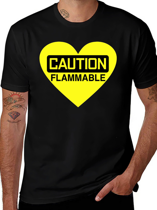 Caution Flammable Heart T-Shirt - Black Cotton Blend Tee