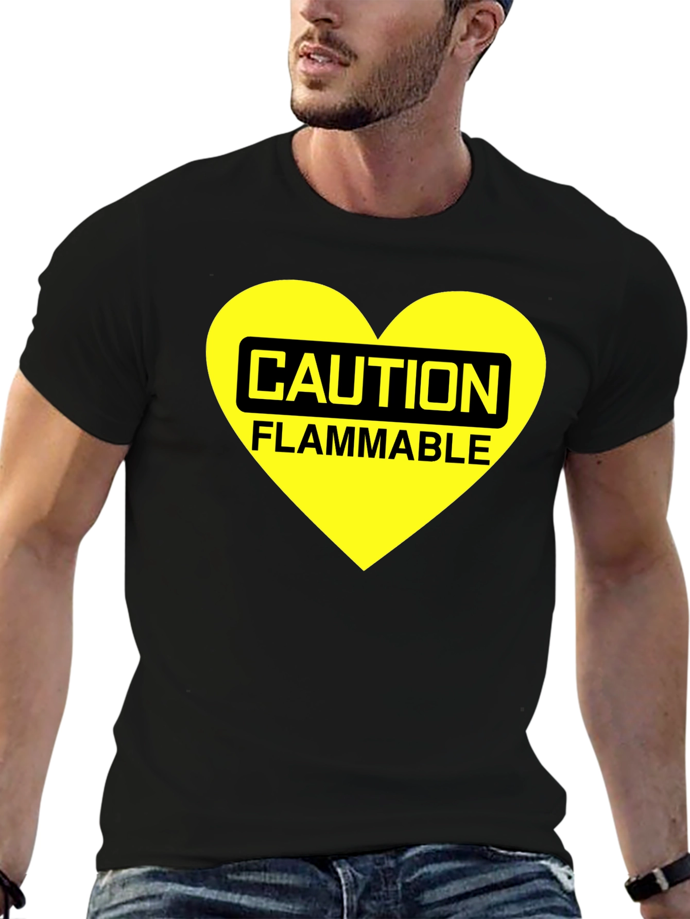 Caution Flammable Heart T-Shirt - Black Cotton Blend Tee