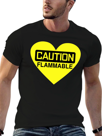 Caution Flammable Heart T-Shirt - Black Cotton Blend Tee