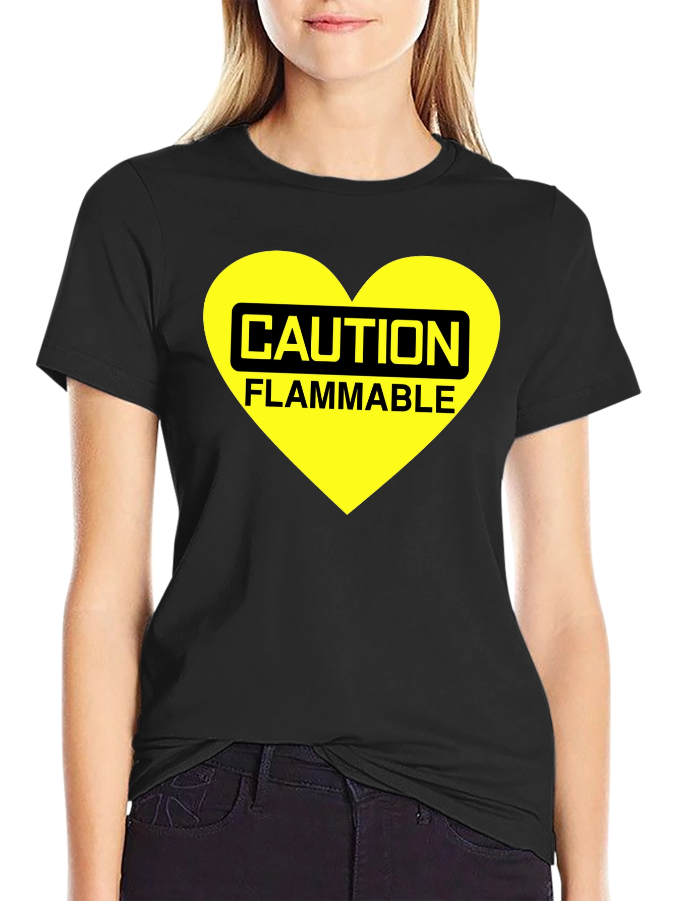 Caution Flammable Heart T-Shirt - Black Cotton Blend Tee