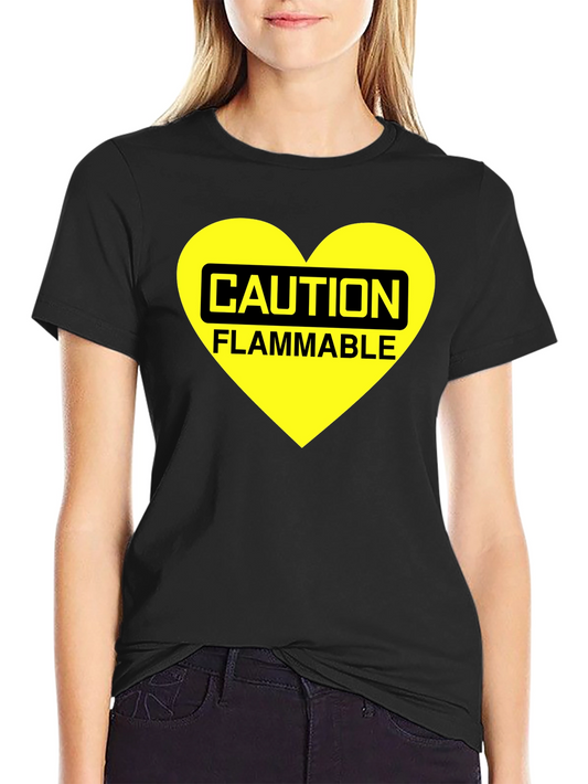 Caution Flammable Heart T-Shirt - Black Cotton Blend Tee