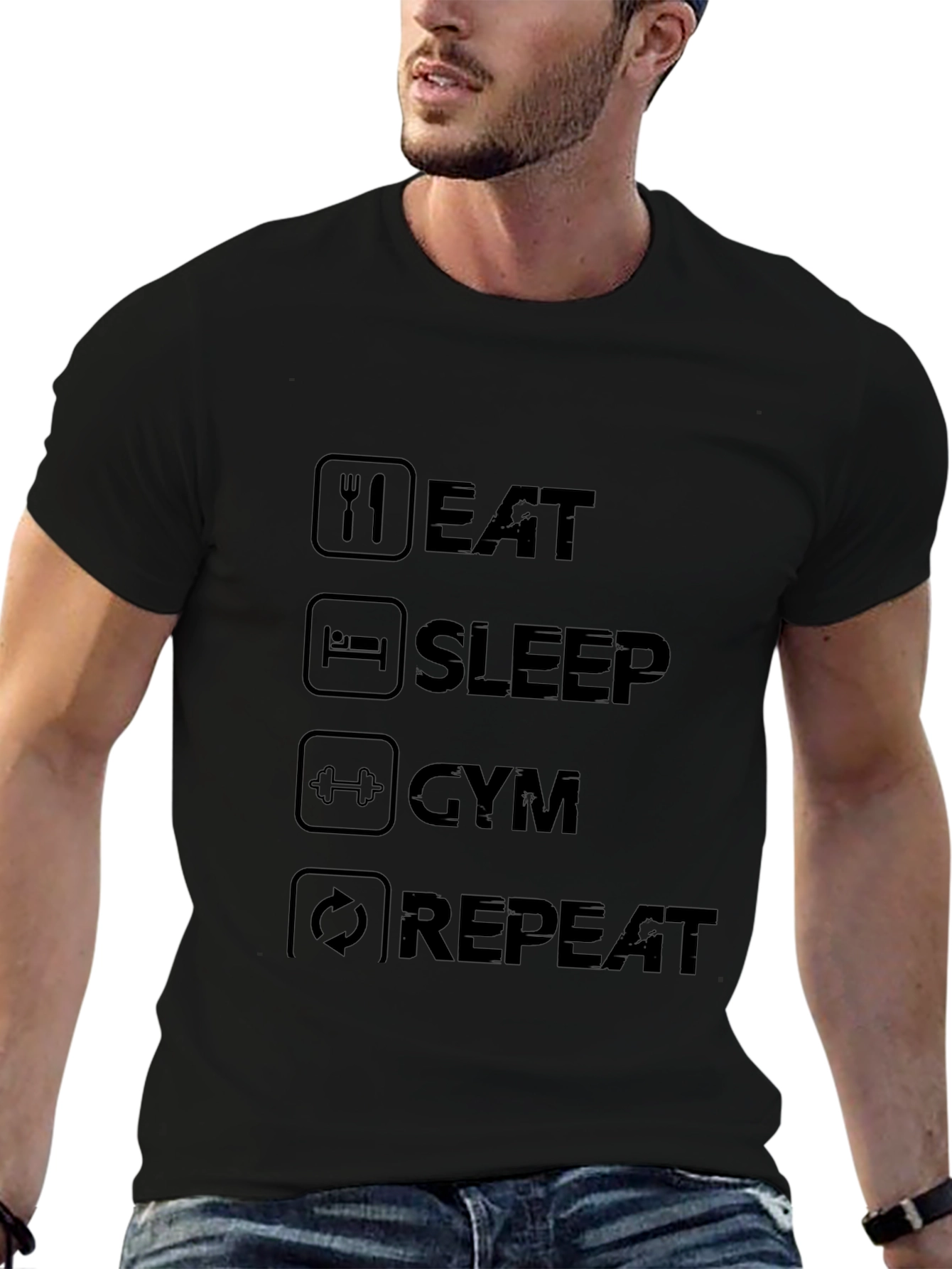 Eat Sleep Gym Repeat Black Graphic Tee