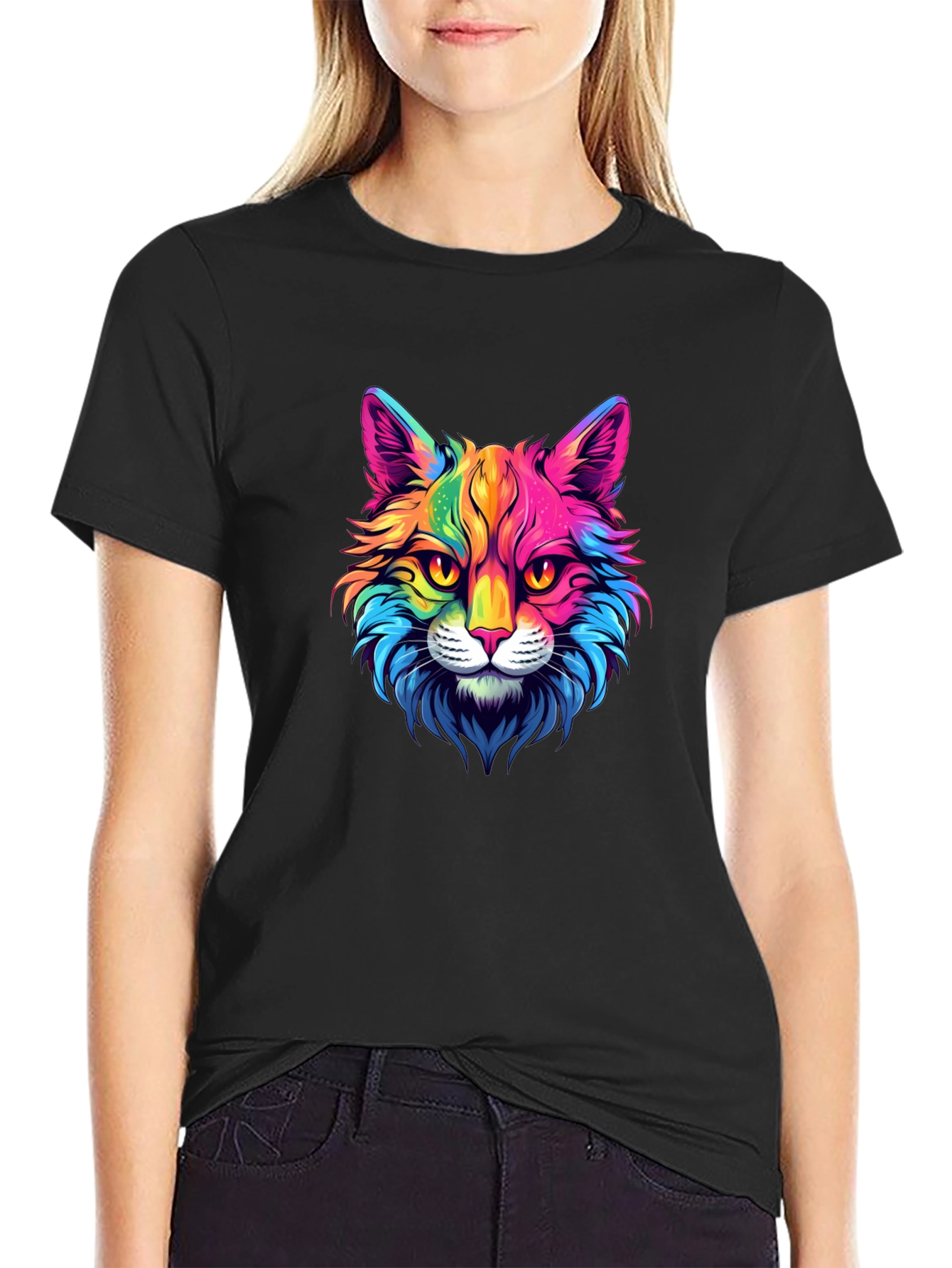 Rainbow Cat Graphic Tee - Stylish Mens Black T-Shirt