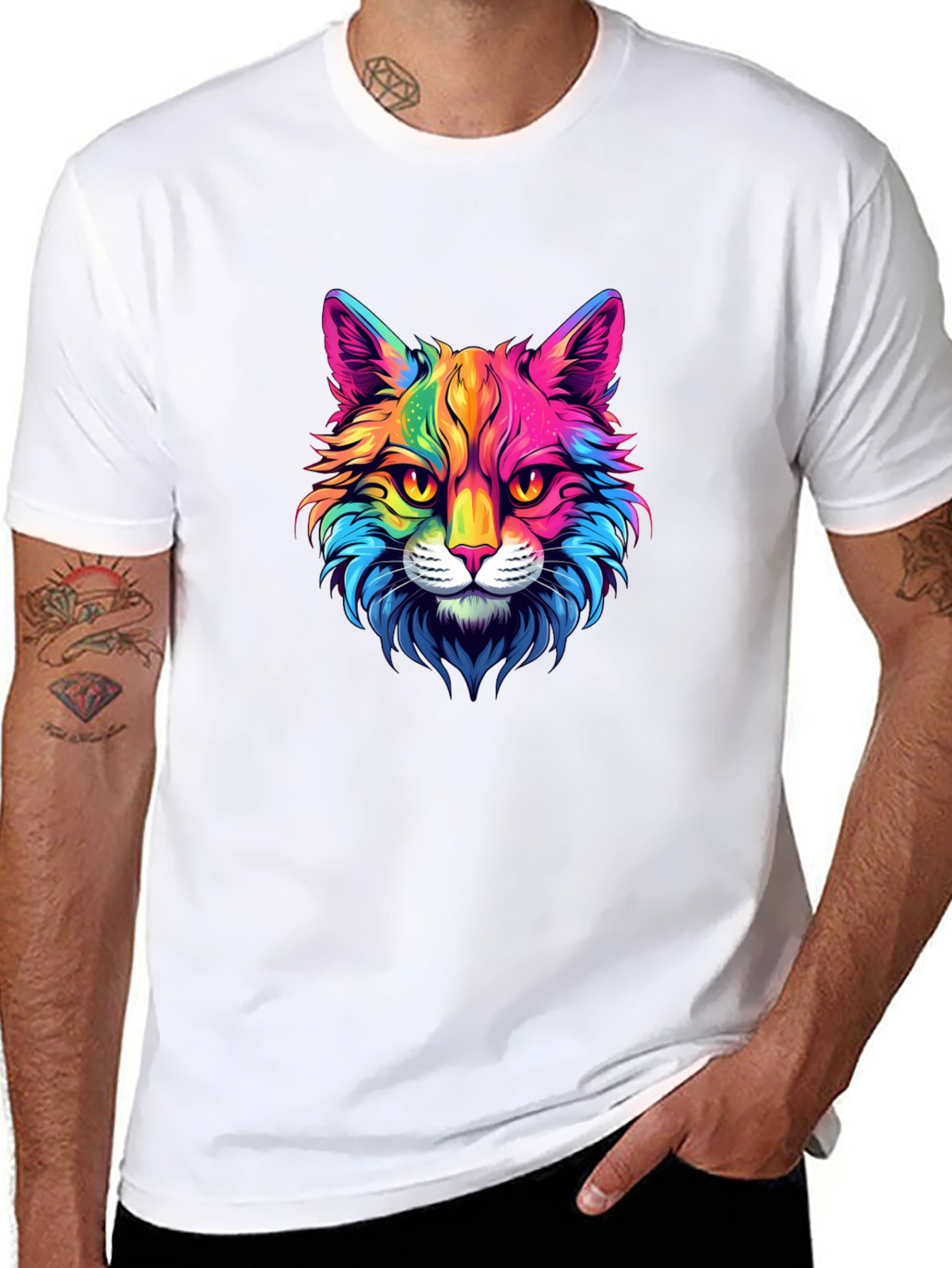 Rainbow Cat Graphic Tee - Stylish Mens Black T-Shirt