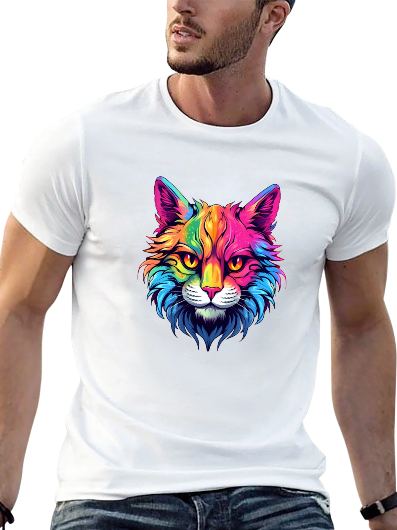 Rainbow Cat Graphic Tee - Stylish Mens Black T-Shirt