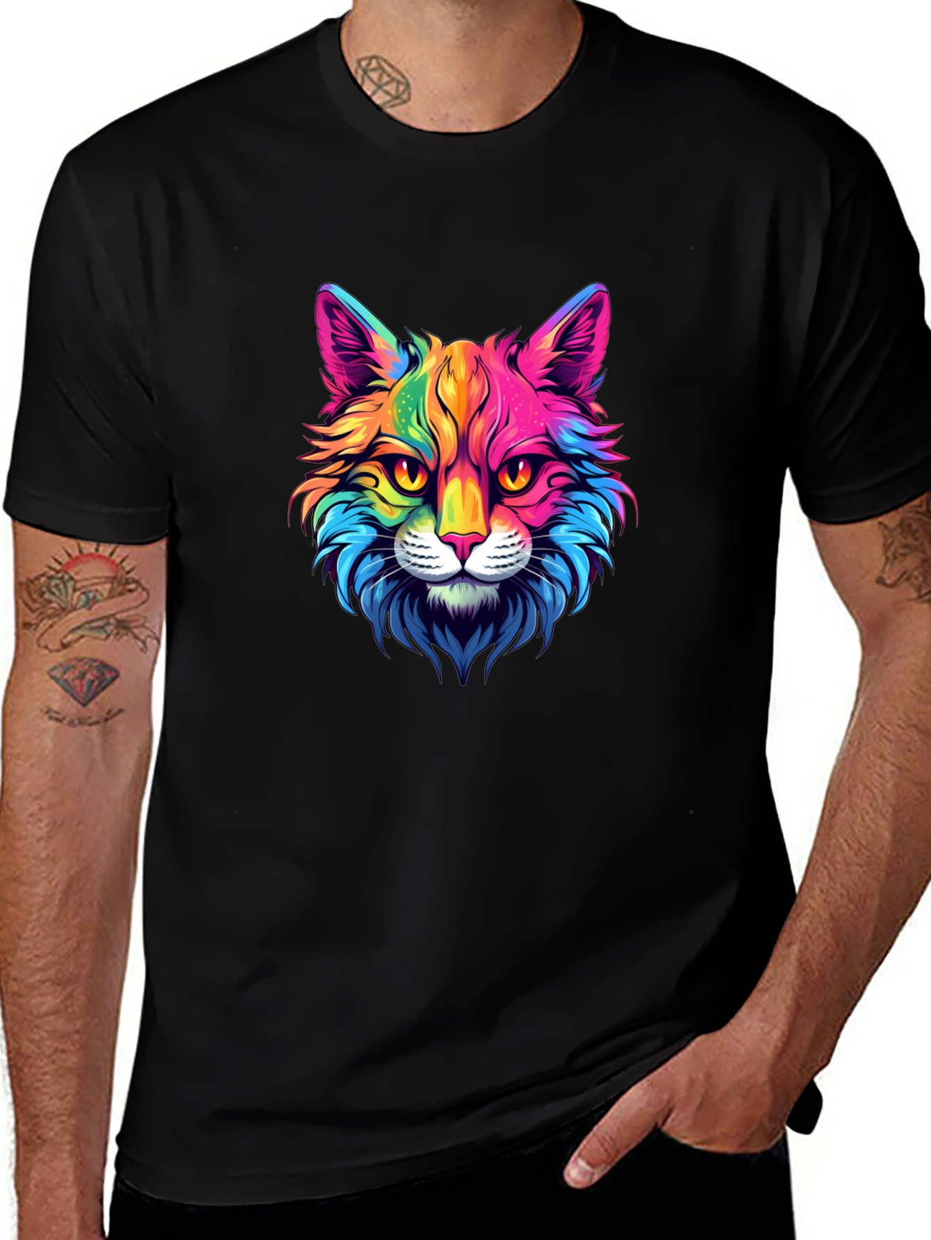 Rainbow Cat Graphic Tee - Stylish Mens Black T-Shirt