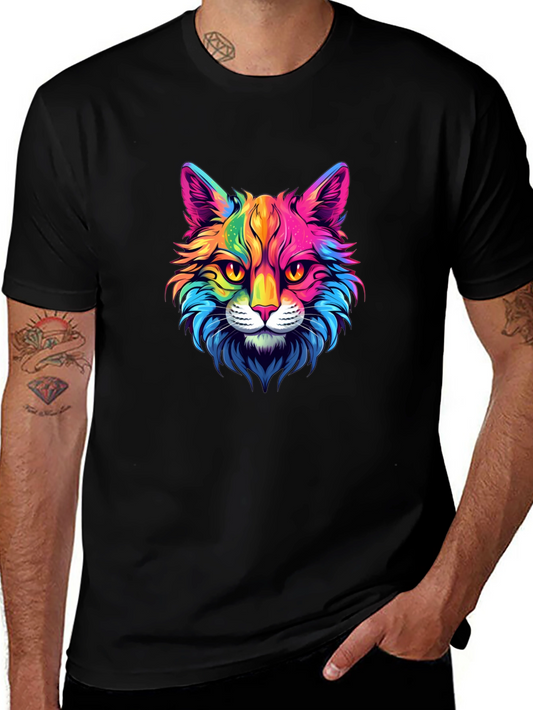 Rainbow Cat Graphic Tee - Stylish Mens Black T-Shirt